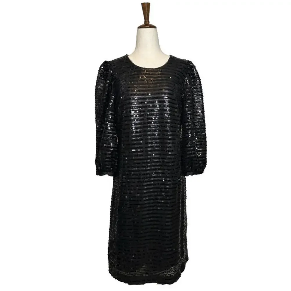 Karl Lagerfeld Sequin Puff Sleeve Shift  Mini Dress Womens 6 Black New NWT $148 - Picture 2 of 9